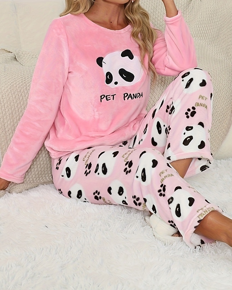 Women's Pajamas Loungewear Pajama Set Flannel Warm Fashion Panda Elastic Waist Pant Home Daily Long Sleeve Crew Neck White Pink Light Blue Fall Winter Loose Fit 2025 - $14.99 –P9