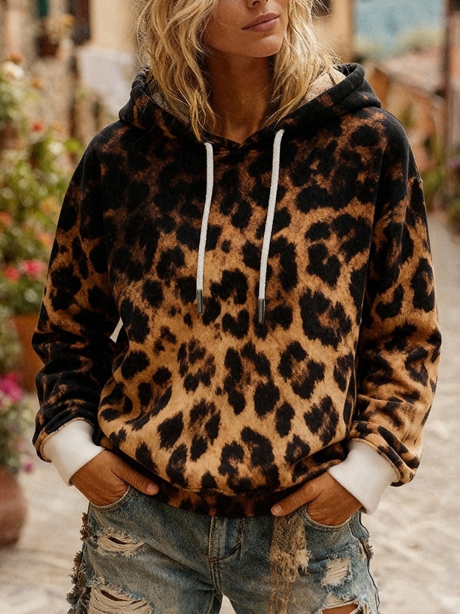 Női Pullover Kapucnis felsők Zsinór Nyomtatott Leopárd Divat Utcai sikk Alkalmi Hosszú ujj Kapucni Normál felsők Hétköznapi Barna Tavasz Ősz 2026 - $31.99 –P1