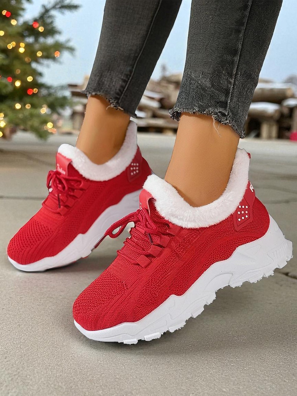 Zapatillas deportivas rojas con forro polar para mujer: zapatillas para correr cálidas y transpirables para invierno, Navidad, viajes y ropa informal. 2025 - $24.99 –P5