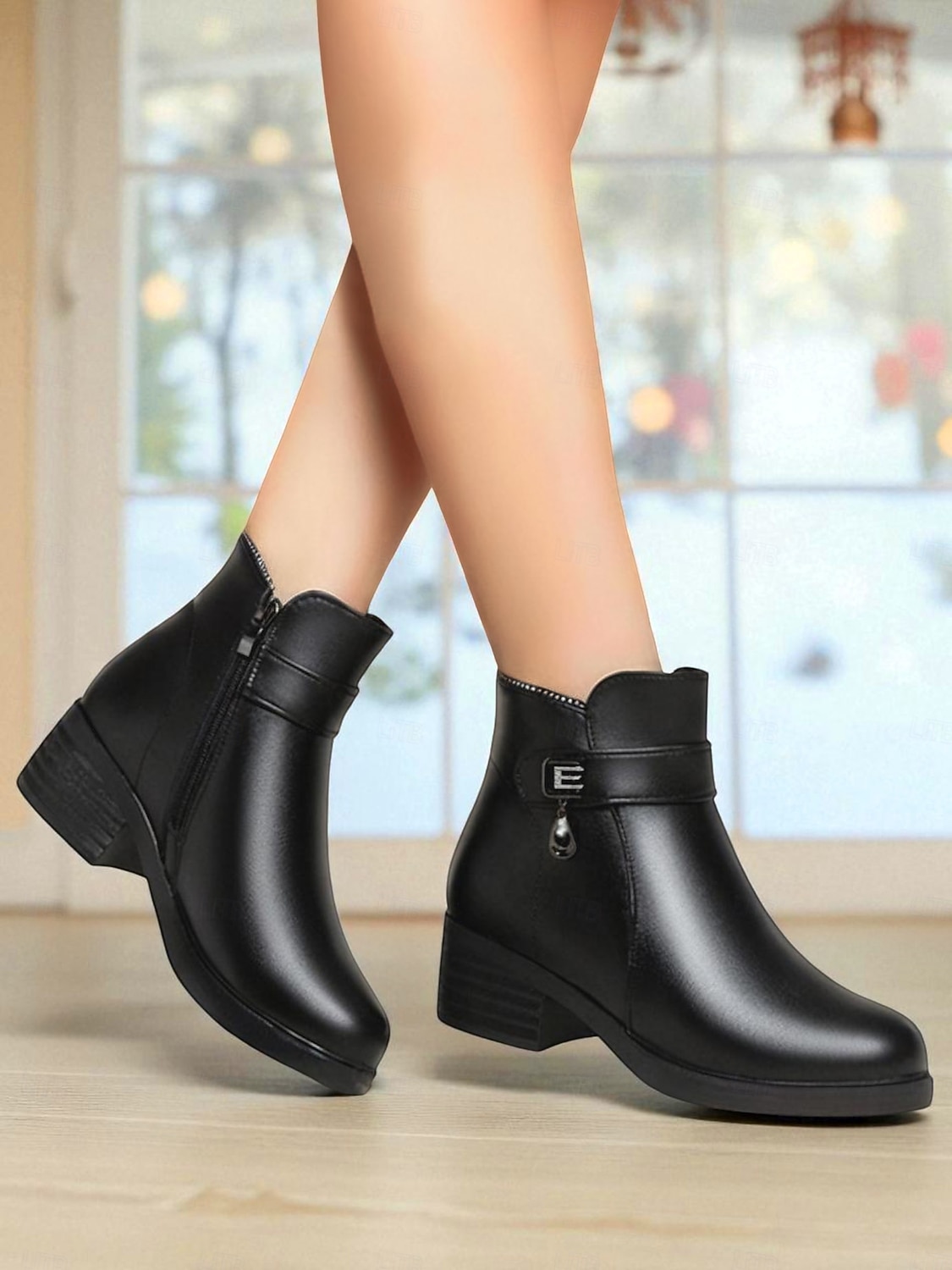 Женские черные кожаные ботильоны с шерстяной подкладкой – застежка-молния, теплые и удобные зимние ботинки для повседневной носки и активного отдыха 2025 - $59.99 –P3