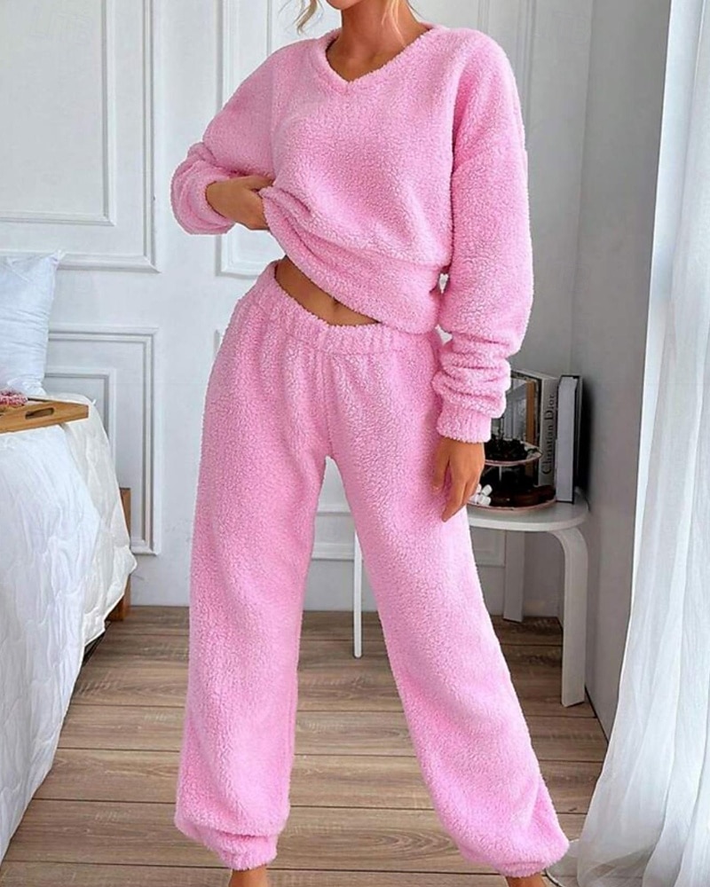 Damskie Piżama Odzież domowa Zestawy piżamowe Flanela Ciepłe Moda Czyste kolory Elastyczny pas Nogawka Dom Codzienny Długi rękaw W serek Rumiany róż Jesień Zima Regularny 2026 - $44.99 –P1