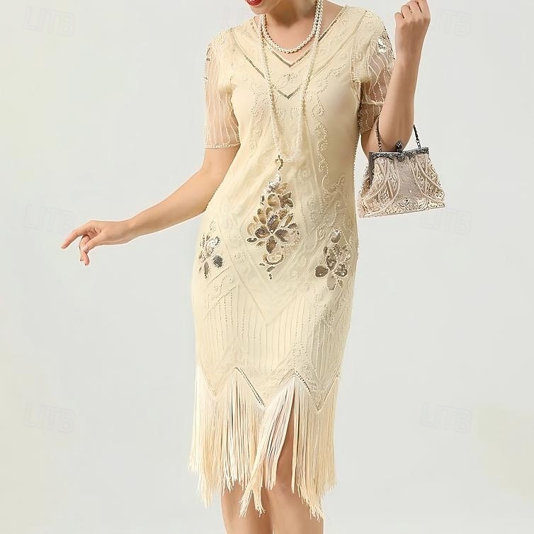 Set Anni Ruggenti Anni 1920 Lunghezza al ginocchio Abito Flapper Abito da cocktail Costume di fantasia con accessori Maniche corte Il grande Gatsby Ragazza Flapper Paillettes Frangia con nappe Scollo del 2026 a $52.99 –P3