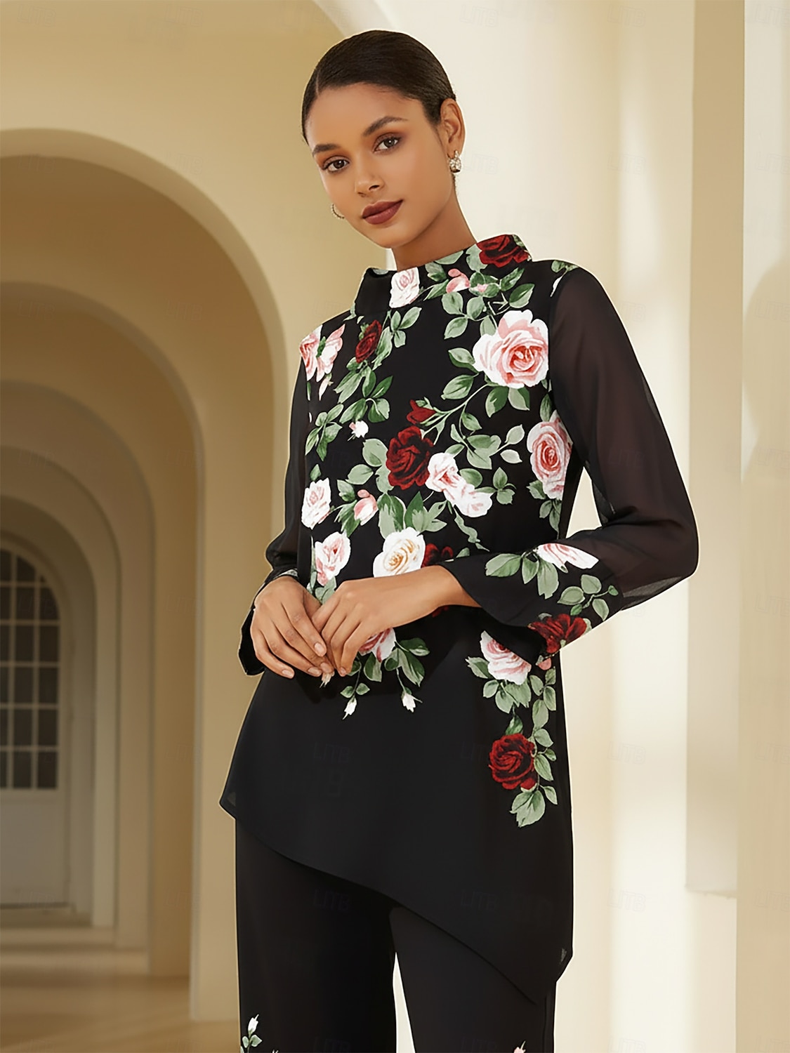 2025年 レディースブラウス ブラック 花柄 ストレッチ シフォンスリーブ バトーネック カジュアル 快適 春 夏 秋 バケーション  コレクション – $72.99 –P2