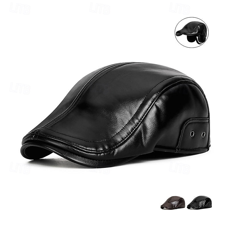 Men's Ear Flap Hat Winter Leather Hat Flat Cap Winter Hats Winter Warm Cap Black Coffee PU Leather Fleece Fashion Modern Contemporary Daily Wear Date Solid / Plain Color Thermal Warm Windproof 2026 - $9.49 –P1
