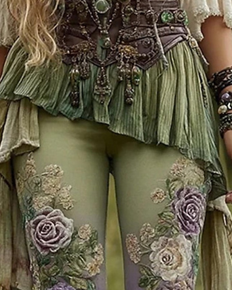 Damen Leggings Gemütliche Leggings Mode Streetwear Ethno-Stil Volle Länge Hohe Taille Blumen Grafik Drucken Fleece Thermowarm Bequem Hohe Elastizität Urlaub Straße Ferien Grün Herbst Winter Schmale 2026 - $36.99 –P3