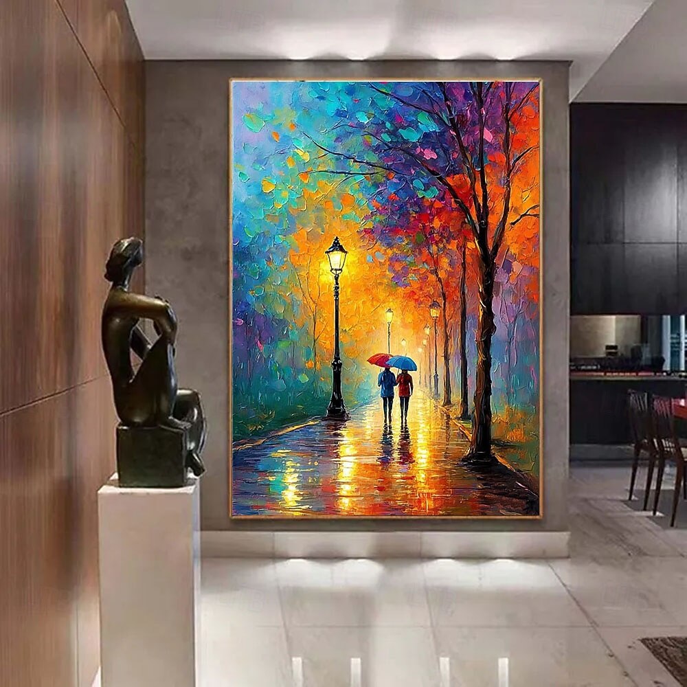 prezent świąteczny ręcznie malowany obraz olejny kolorowy spacer po mieście malarstwo na płótnie romantyczna para sztuka abstrakcyjne płótno deszczowe światła uliczne dekoracja ścienna nowoczesny 2026 - $67.99 –P2