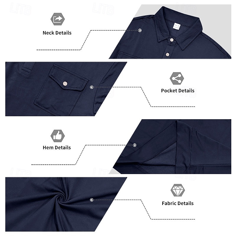 Men's Polo Shirts Golf Shirt Business Casual Ribbed Polo Collar Long Sleeve Fashion Basic Solid Color Buttons Front Pocket Summer Spring &  Fall All Seasons Regular Fit Dark Grey Denim Blue Black 2025 - $21.99 –P6