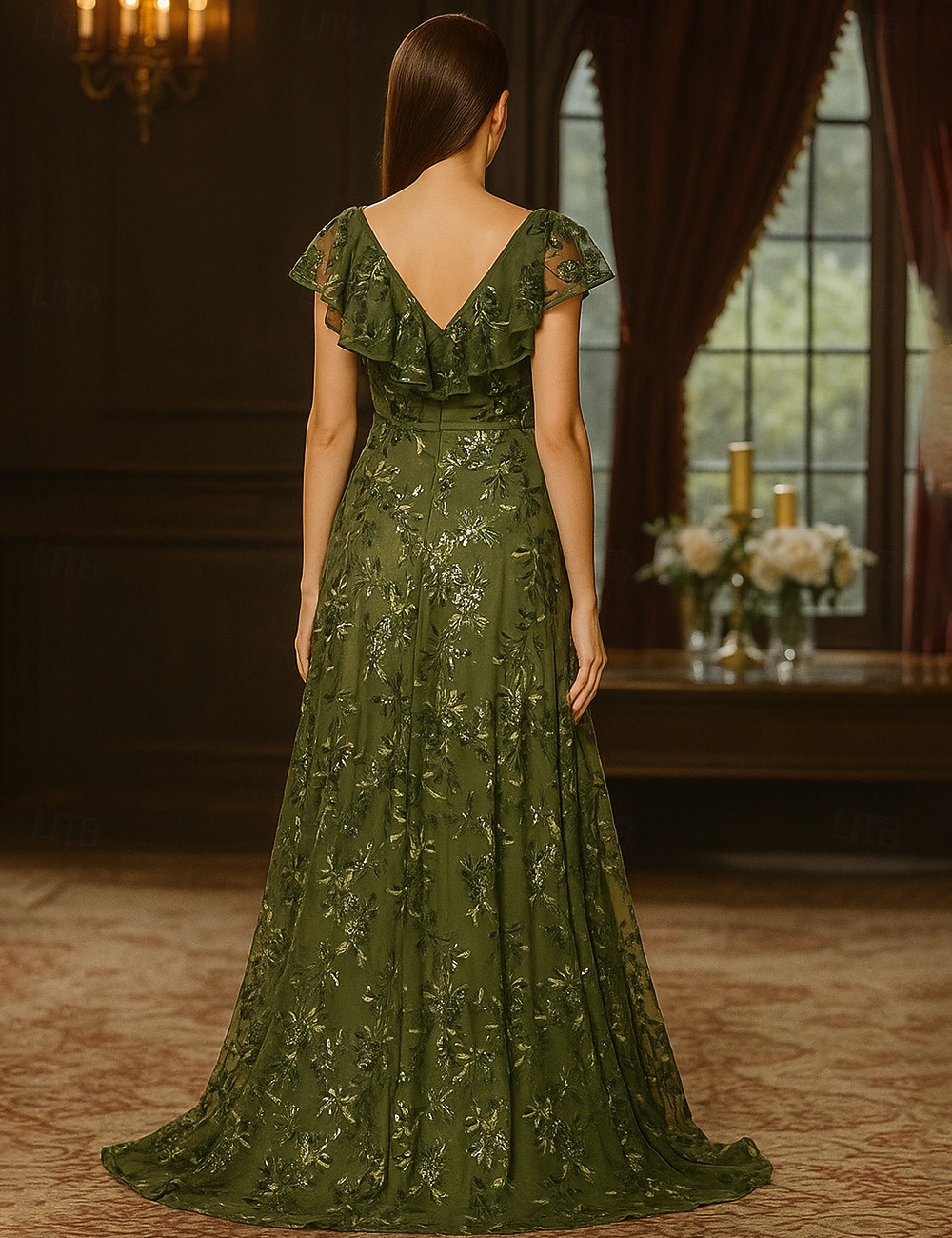 Ligne A Robe de Mère de Mariée  Élégant ancien Luxueux Col en V Longueur au sol Dentelle Pailleté Polyester Manche Courte avec Dentelle Plis Paillettes de 2025 ? $119.99 –P2