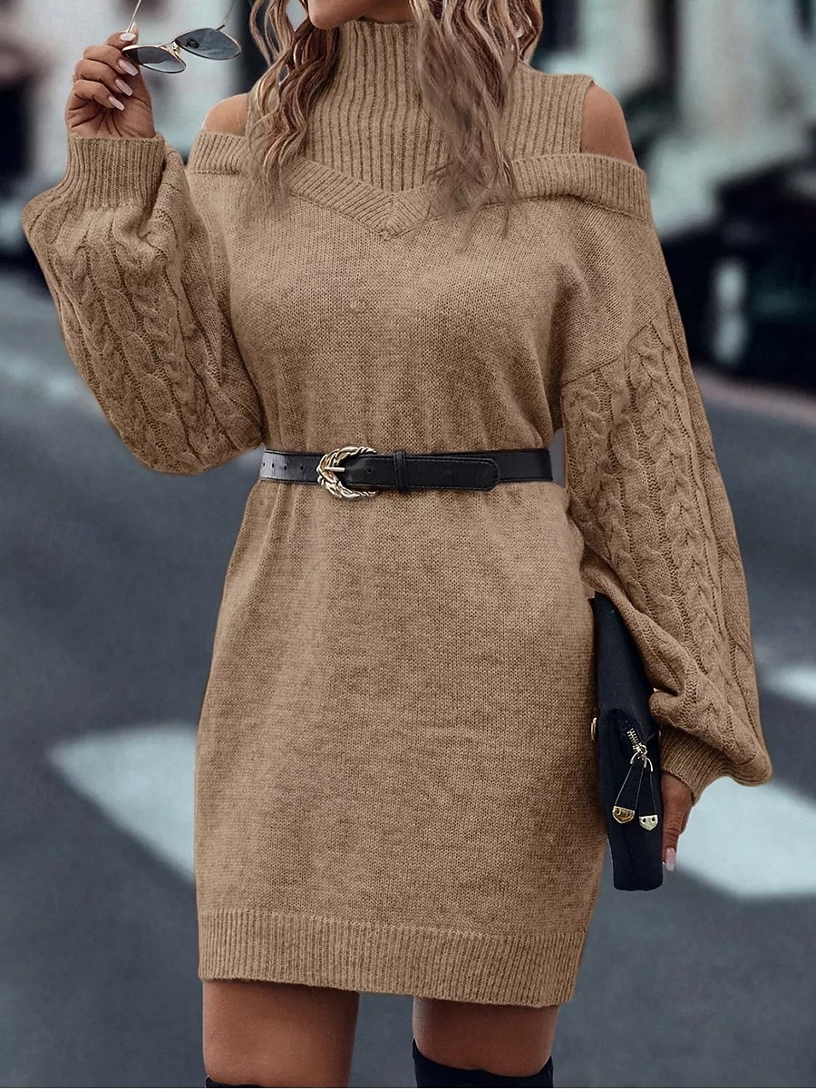 Per donna Abito maglione Elegante Casual Morbido Colore Puro A Coste Dolcevita Lavorato a maglia Spalle scoperte Manica Lunga Top Regolari Maglia All'aperto Quotidiano Weekend Nero Verde Autunno del 2026 a $37.99 –P15