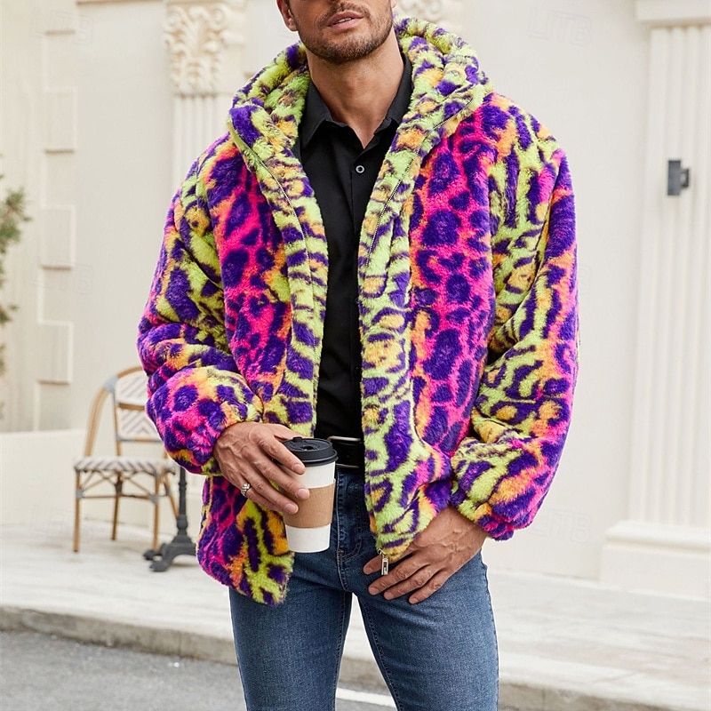Voor heren Winterjack Jas van imitatiebont Dagelijks Vakantie Thermisch Warm Fleece Herfst Winter Luipaard Modieus Streetwear Capuchon Normaal Imitatiebont Geel Jacks 2026 - $50.99 –P3
