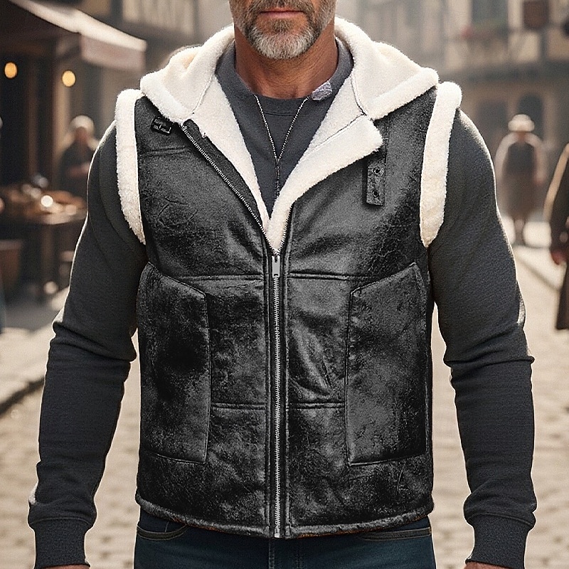 Herren Fleeceweste Weste Gilet Outdoor Täglich Mode Lässig Herbst Winter Tasche Fleece Kunstleder Polyester Warm Bequem Einfach Reisverschluss Mit Kapuze Normale Passform Schwarz Braun Weste 2025 - $52.99 –P1
