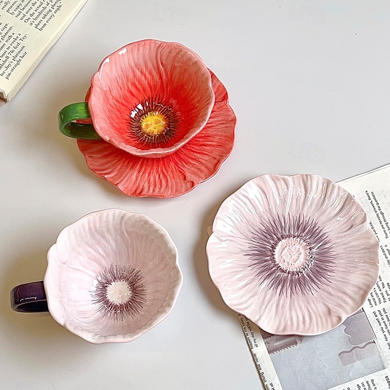 ceașcă de cafea din ceramică cu motive florale &farfurie, design creativ cu petale vintage franceze, pictate manual, sub glazură, set de ceai de după-amiază, cadou elegant pentru prieteni &familie 2026 - $21.99 –P2