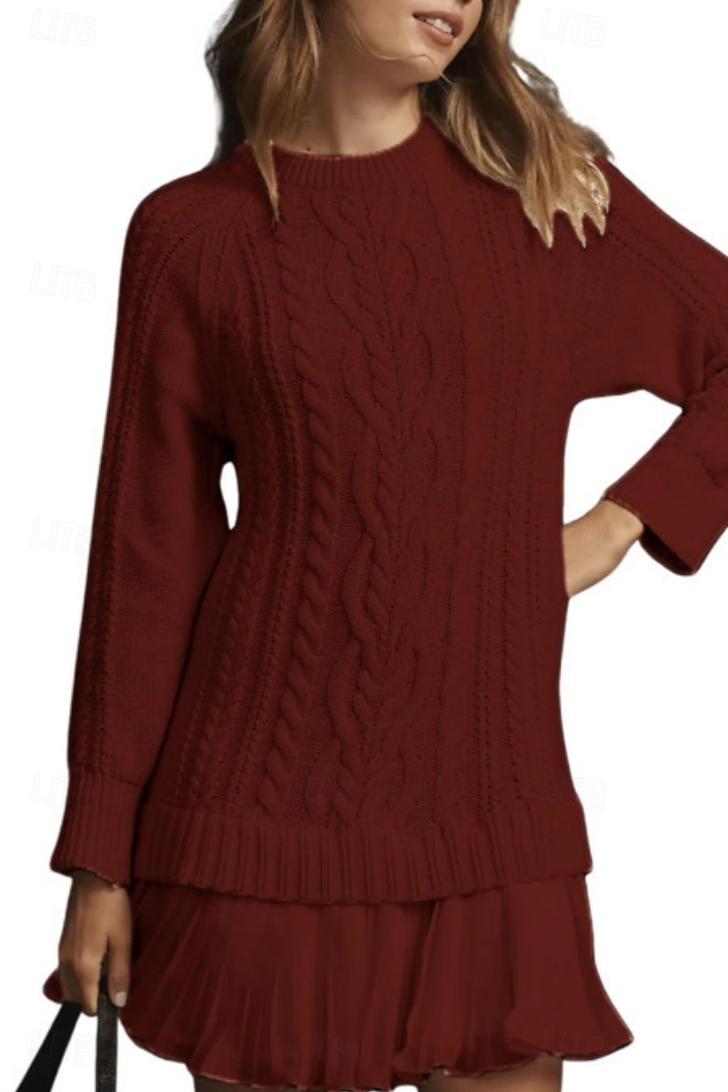 Women's Sweater Dress Casual Soft Pure Color Ribbed Crew Neck Ruffle Knitted Long Sleeve Regular Tops Knit Outdoor Daily Weekend Black Pink Fall Winter 2026 - $48.99 –P1