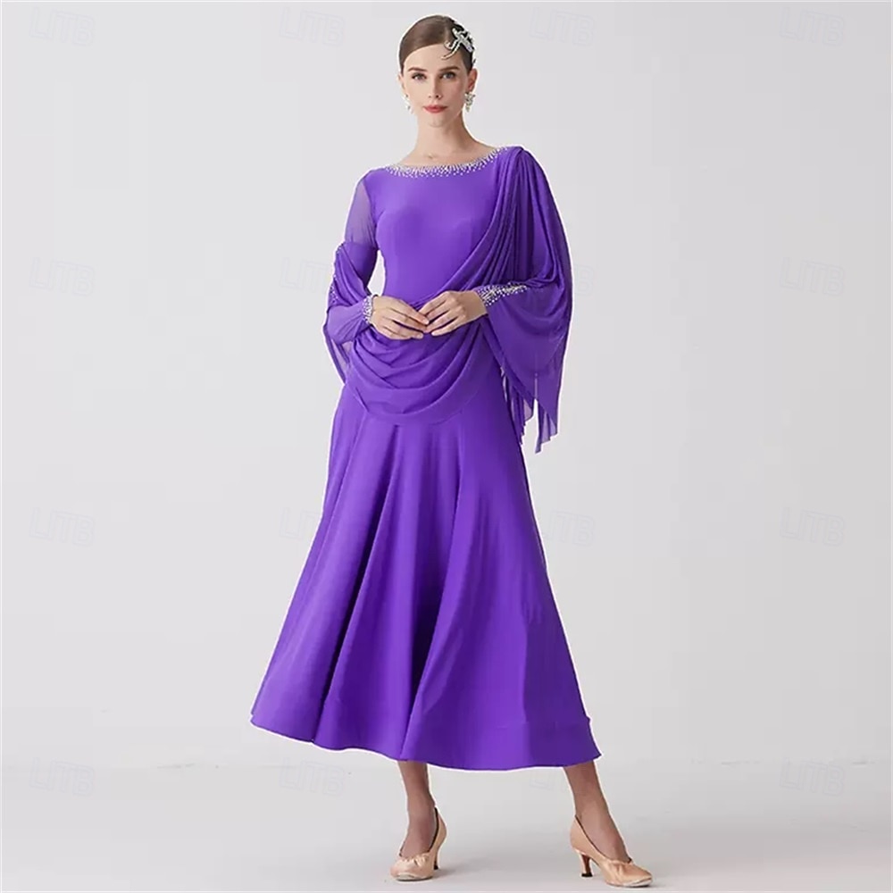 женское платье для бальных танцев, драпированное, с рукавами-шальками, элегантное, для выступлений вальс, танго, фокстрот, конкурсное платье – фиолетовое 2026 - $251.19 –P1