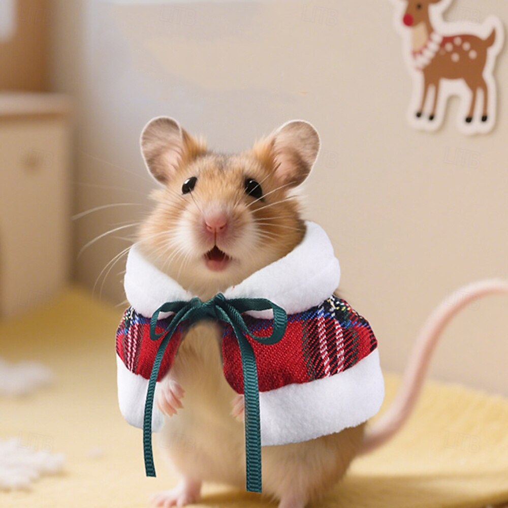 Lindo conjunto navideño para mini mascotas: capa blanca con ribete de piel y mangas a cuadros. &Accesorio de estrella para hámsteres &animales pequeños 2025 - $12.49 –P2