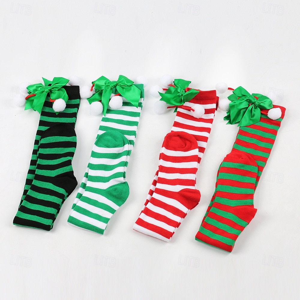 Dámské vánoční ponožky do stehen, sada 4 párů, pruhované &Jednobarevné červené sváteční punčochy s mašlemi a bambulkami, slavnostní ponožky nad kolena na zimní večírky &dárky 2026 - $18.99 –P1