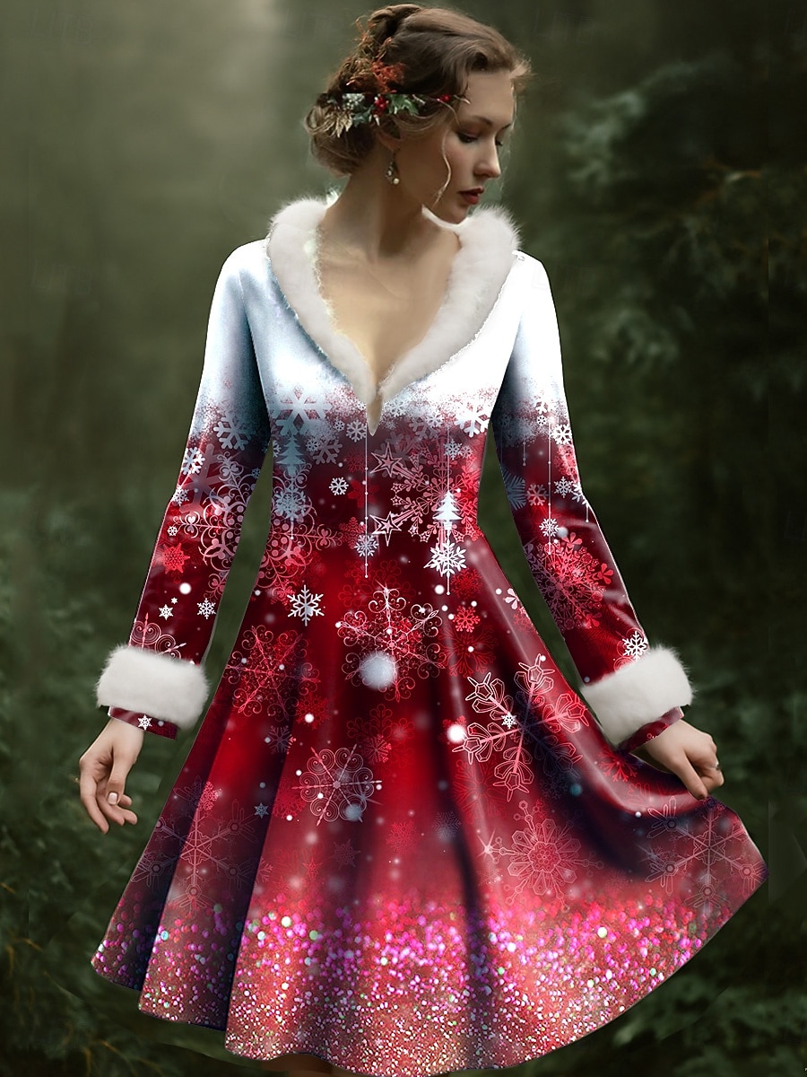 Christmas Women's Mini Dress A Line Dress Vacation Party Casual Party Daily Holiday Regular Fit Snowflake Long Sleeve V Neck Red Blue Purple Green Fall Winter 2025 - $52.99 –P4