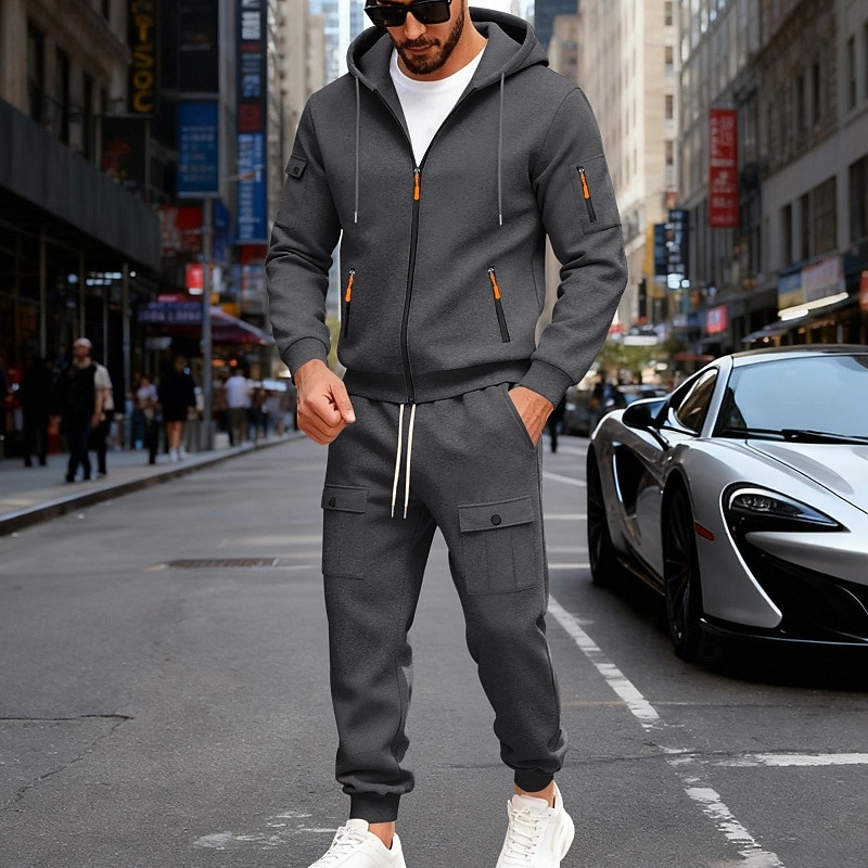 Men's Tracksuit Outfit Set Hoodies Set Hoodie Outdoor Daily Sports Drawstring Zip Up Pocket Plain Black Navy Blue Brown Polyester Activewear Fashion Streetwear Fall 2026 - $56.99 –P13