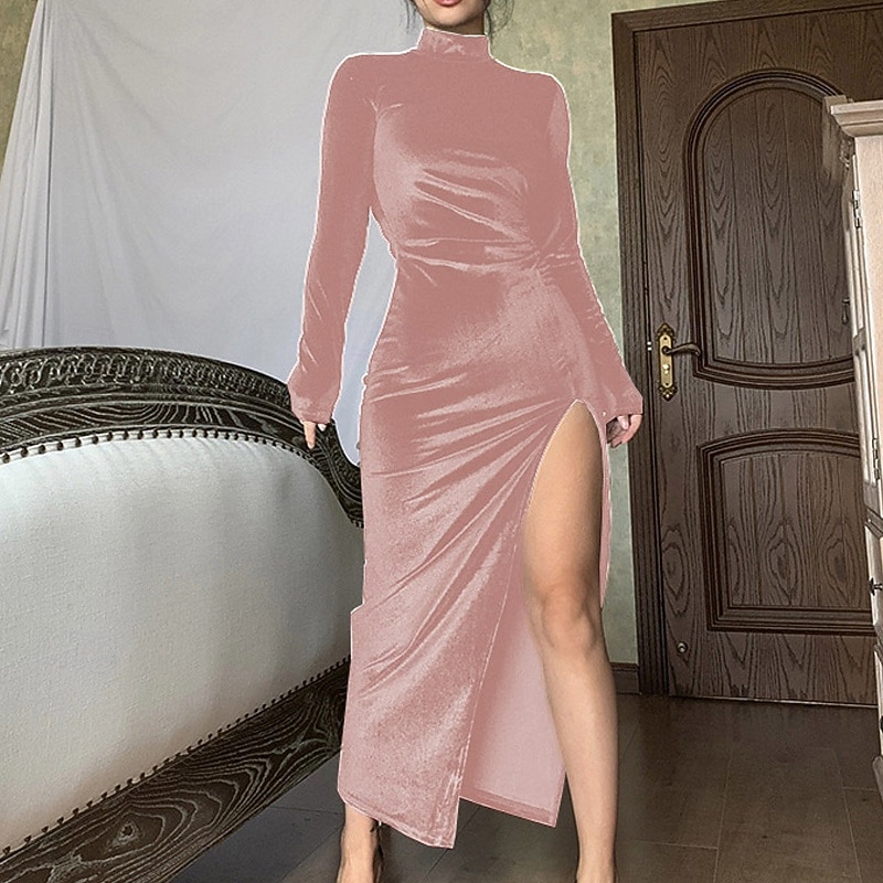 Damen Midikleid Partykleid Cocktailkleid Satinkleid Elegantes Kleid Mode Modern Party Abendgesellschaft Normale Passform Einfach Langarm Hoher Ausschnitt Schwarz Rosa Wein Blau Herbst Winter 2025 - $23.39 –P4