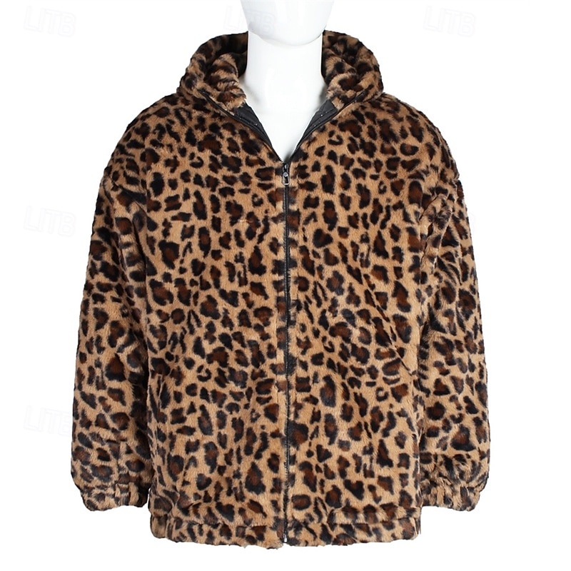 Voor heren Winterjack Jas van imitatiebont Dagelijks Vakantie Thermisch Warm Fleece Herfst Winter Luipaard Modieus Streetwear Capuchon Normaal Imitatiebont Geel Jacks 2026 - $50.99 –P15