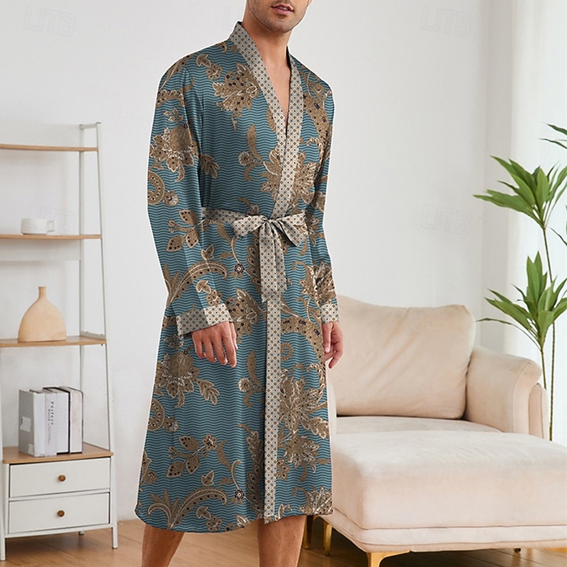 Homme Pyjamas Robe en soie Vêtements de Nuit Robe de bain 1 Pièce Impressions Graphiques Mode Élégant Classique Quotidien Maison Lit Polyester Confort Doux Col en V manche longue Ceinture Incluse de 2026 ? $45.99 –P8