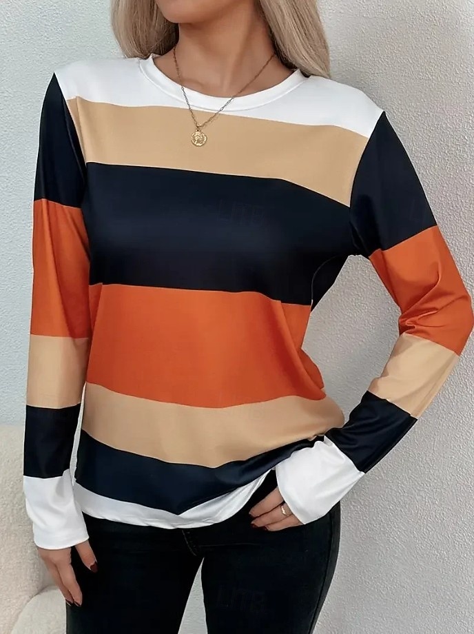 Per donna Maglietta Stampato Grafico Geometrico A righe Vintage Moda Elegante Manica Lunga Girocollo Top Regolari Quotidiano Weekend Arancione Primavera Autunno Inverno del 2026 a $24.99 –P1