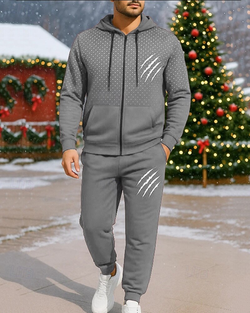 Новогодняя тематика Муж. Спортивный костюм из двух частей Толстовка с капюшоном для отдыха Толстовка на молнии Полный почтовый индекс с карманом Геометрический принт Наборы одежды Весна Черный Винный 2025 - $45.99 –P4