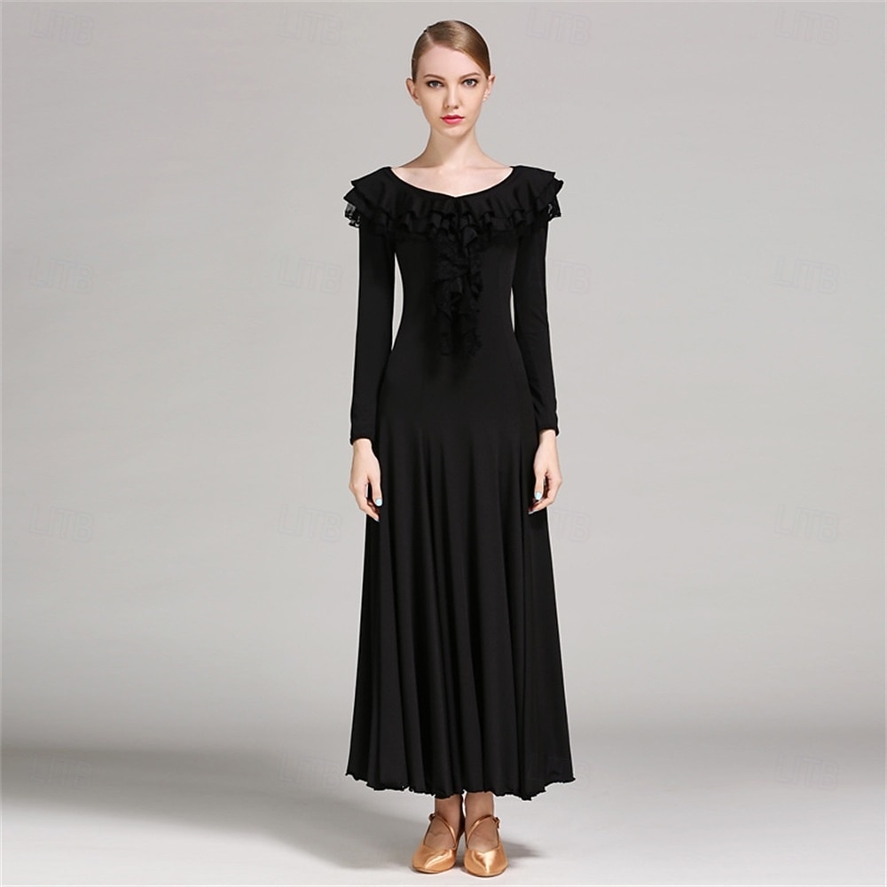 Elegant Blue Ballroom Dance Dress with Ruffled Neckline and Long Sleeves for Latin and Social Dancing 2026 - $116.99 –P7