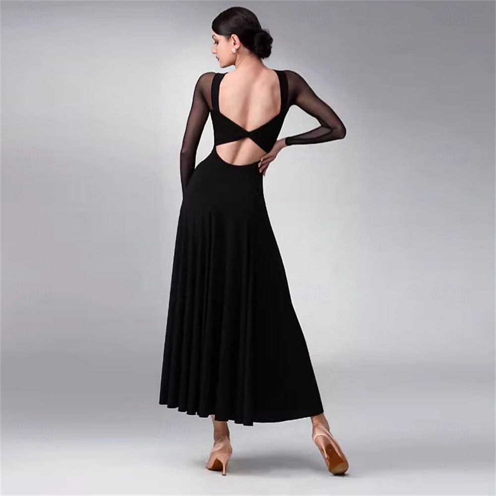abito da ballo da sala da donna blu navy elegante a maniche lunghe in rete con scollo incrociato, abito da competizione per valzer, foxtrot e tango del 2026 a $337.89 –P12