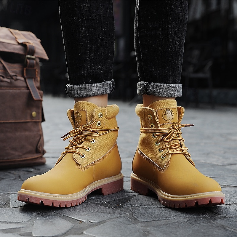 Yellow Faux Leather Men's Work Boots with Lace-Up Design – Durable and Stylish Footwear for Outdoor Activities and Work Environments 2025 - $59.99 –P4