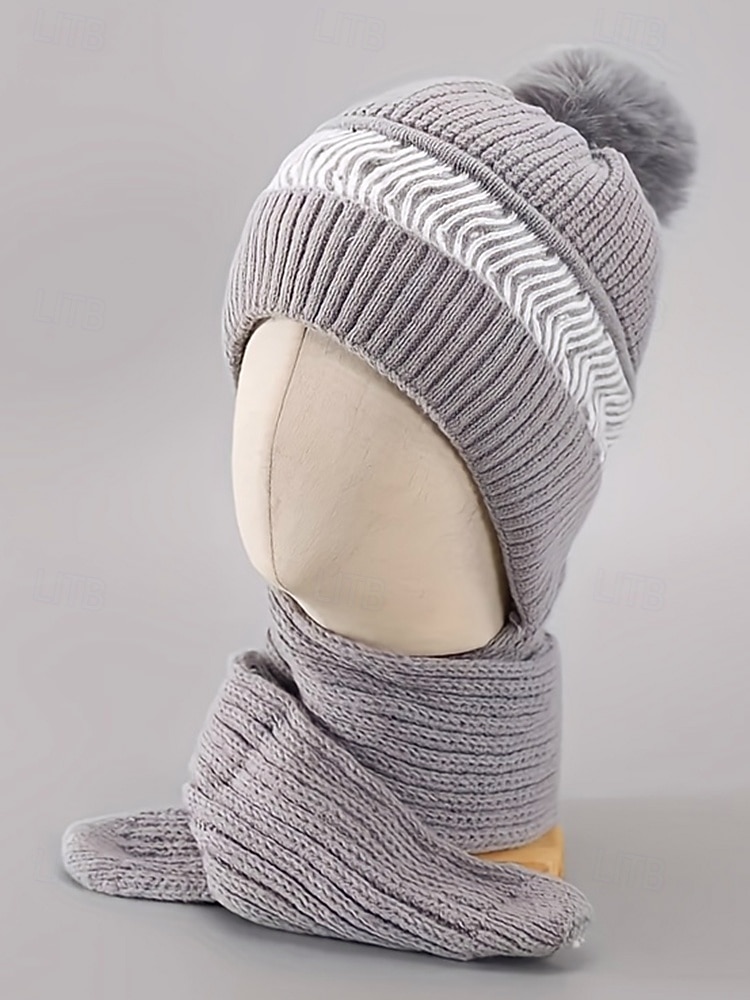 Dame vinterstrikklue-skjerfsett med pompong, fleecefôret 2-i-1-lue og halsvarmer, koselig og varmt utendørstilbehør for kaldt vær og julegaver 2026 - $11.99 –P8
