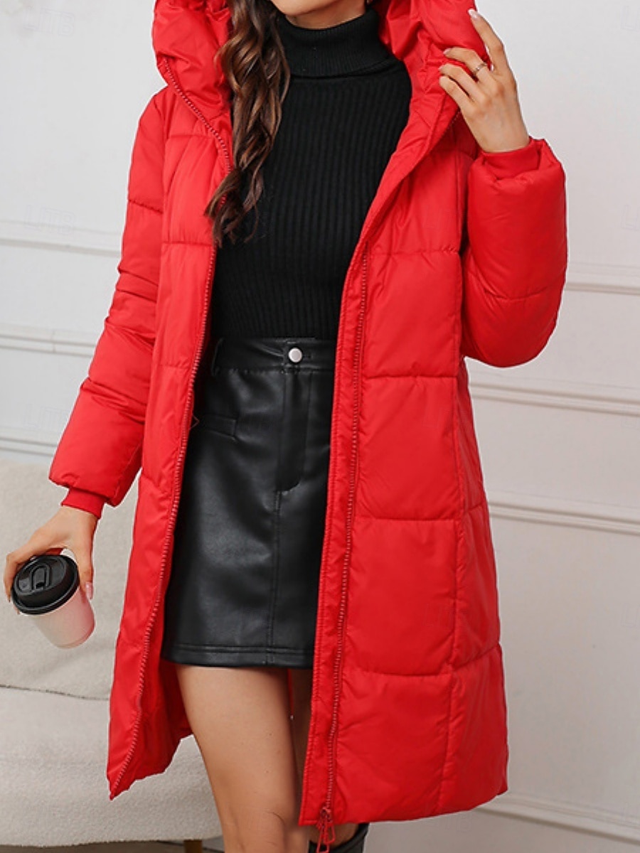 Women's Parka Comfortable Breathable Zipper Pocket Casual Plain Vacation Street Casual Daily Wear Zipper Long Hooded Regular Fit Long Sleeve Outerwear Black Red Khaki Spring Fall 2025 - $51.99 –P10