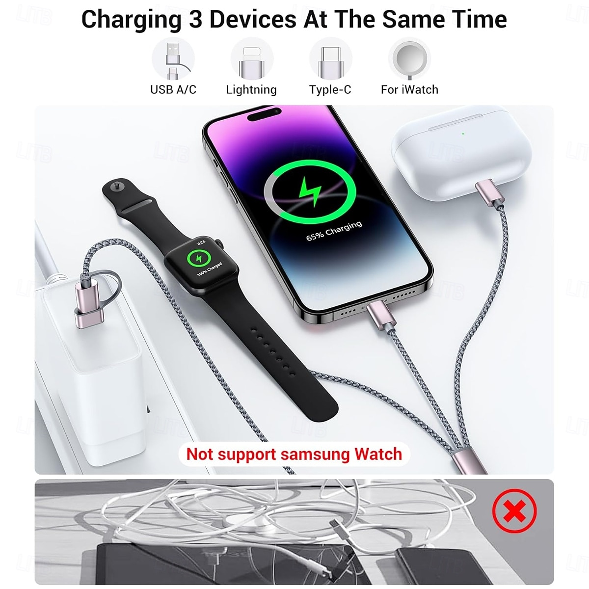 Необходимый дорожный кабель USB-C 3-в-2, подходящий для зарядки Apple Watch/iPhone 17/мультизарядный кабель Lightning, портативный, предназначенный для iWatch и iPhone 16 2025 - $18.99 –P3