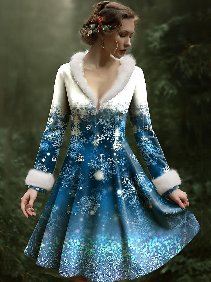 Christmas Women's Mini Dress A Line Dress Vacation Party Casual Party Daily Holiday Regular Fit Snowflake Long Sleeve V Neck Red Blue Purple Green Fall Winter 2025 - $52.99 –P1