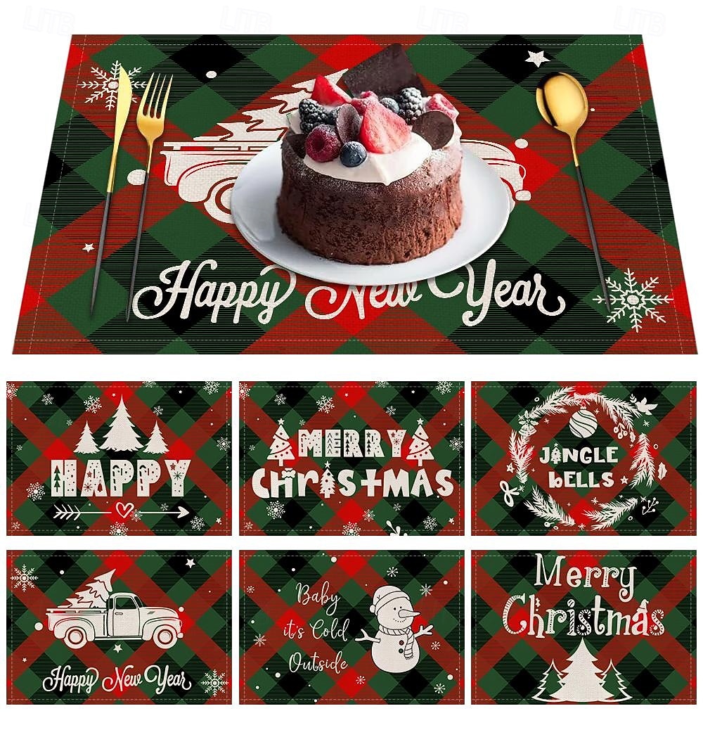 6 peças de floco de neve vermelho de natal &Jogo americano de boneco de neve de árvore de Natal resistente ao calor, jogos americanos quadrados de linho para decoração de mesa de sala de jantar, de 2025 por $18.99 –P1