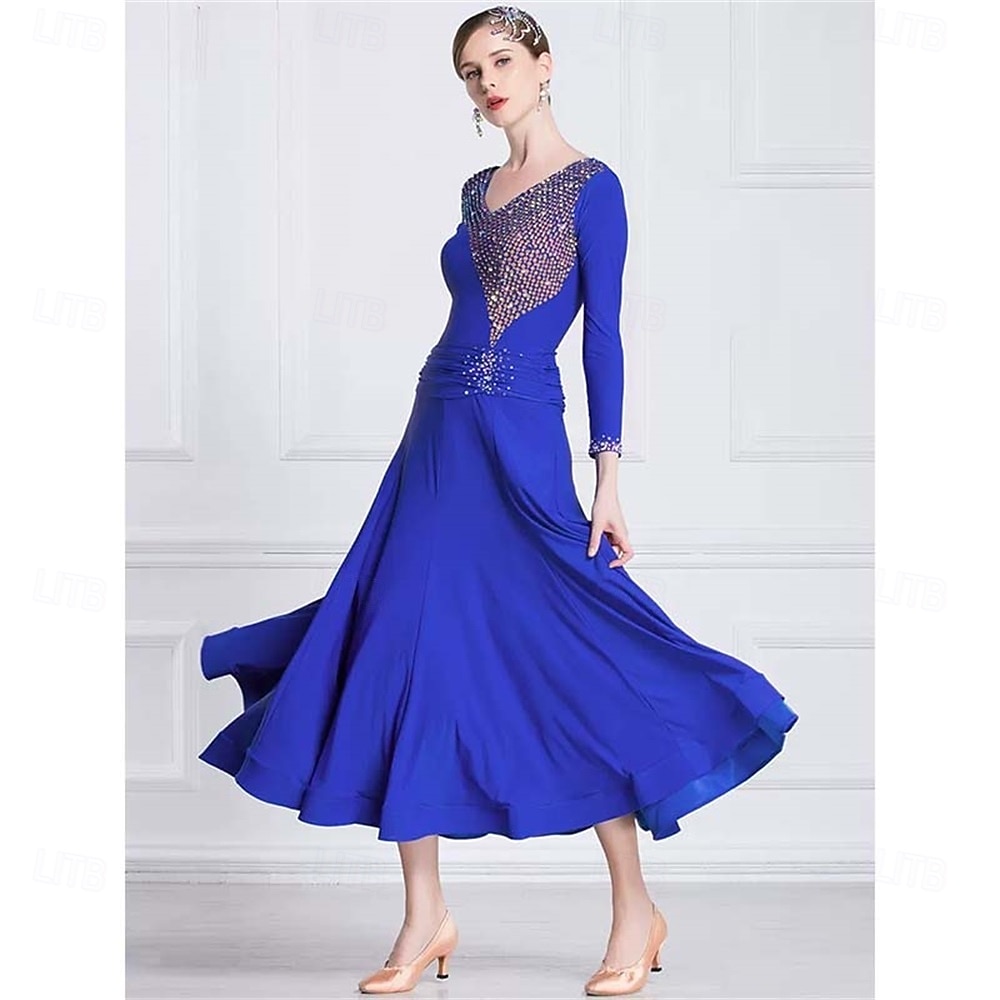 abito da ballo da sala da donna con scollo a V e maniche lunghe, strass, abito da competizione per valzer e tango, elegante gonna fluida – blu reale del 2026 a $336.79 –P2