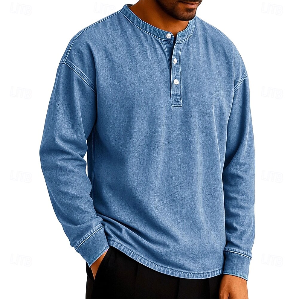 SoftFade™ Pánské tričko Henley T-shirt Tee dlouhý rukáv jednobarevné vintage retro ležérní styl obarvené vybledlé Henley ležérní jaro podzim černá šedá světle modrá Henley T-Shirt 2026 - $29.99 –P4