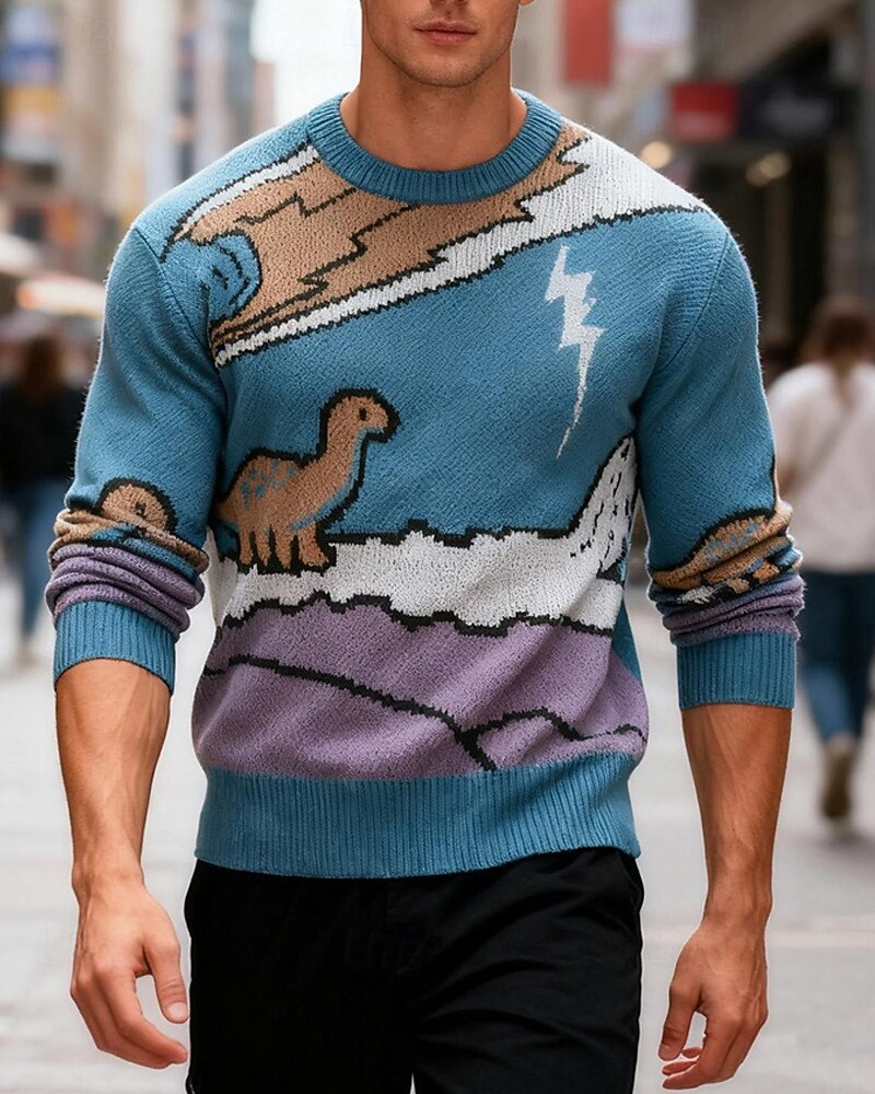 Herre Pullover genser Strikket genser Riflet Strikke Vanlige topper Strikket Dinosaur Crew-hals Mote Grunnleggende Feriereise Dagligdagstøy Klær Høst Vinter Lyseblå S M L 2026 - $36.99 –P2