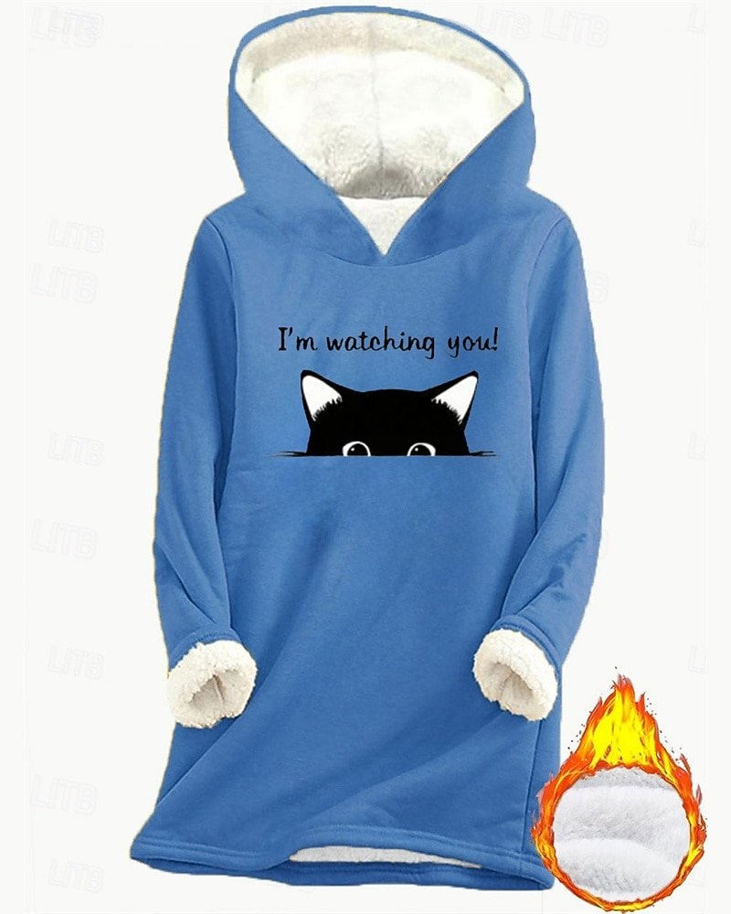 Mulheres Pulôver Moletom Com Capuz Imprimir Forrada com Fleece Gráfico Gato Quente Casual Velo Sherpa Manga Longa Com Capuz Tops longos Casual Rua Dia a Dia Azul Rosa Escuro Cinzento Outono Inverno de 2026 por $25.99 –P3