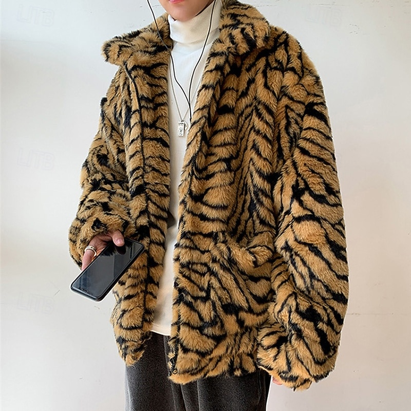 Voor heren Winterjack Jas van imitatiebont Vakantie Dagelijks Thermisch Warm Fleece Herfst Winter Luipaard Modieus Streetwear Opstaand Normaal Wit Geel Jacks 2026 - $80.99 –P4