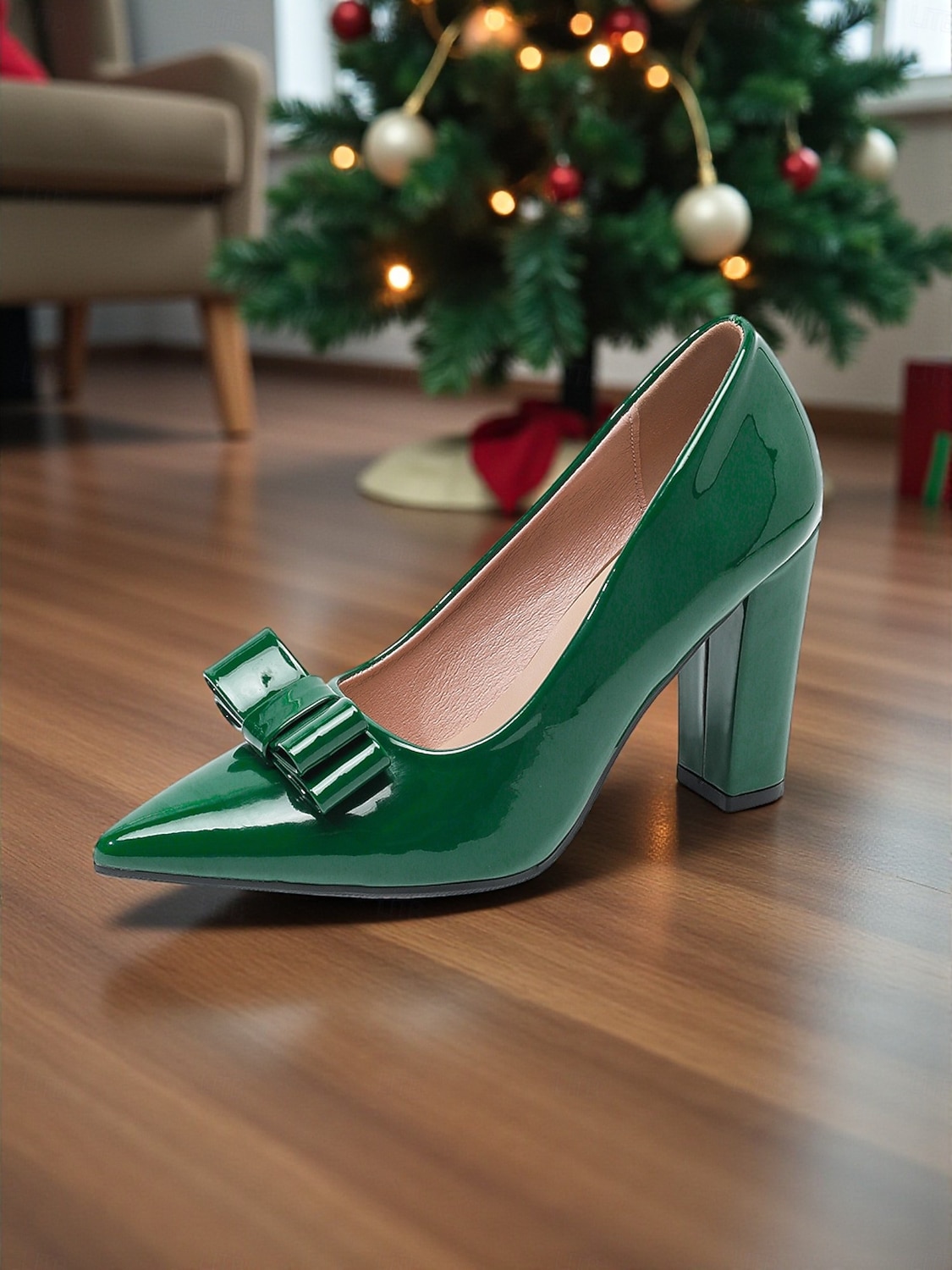 Escarpins à bout pointu en cuir verni vert pour femme, ornés d'un nœud - chaussures élégantes pour les fêtes de fin d'année de 2026 ? $46.99 –P6