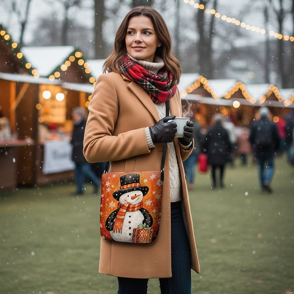 Γυναικεία χριστουγεννιάτικη τσάντα χιαστί με χιονάνθρωπο - τύπωμα χιονάνθρωπου και νιφάδας χιονιού για χριστουγεννιάτικα ψώνια, χριστουγεννιάτικα πάρτι και χειμερινές εξόδους 2026 - $19.99 –P2