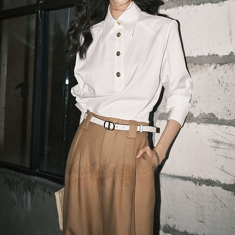 Damen Hemd Einfarbig Einfach Elegant Täglich Stilvoll Langarm Hemdkragen Normale Oberteile Arbeit Ausgehen Semi-Formal Knöpfe Weiß Frühling Herbst 2025 - $56.99 –P3