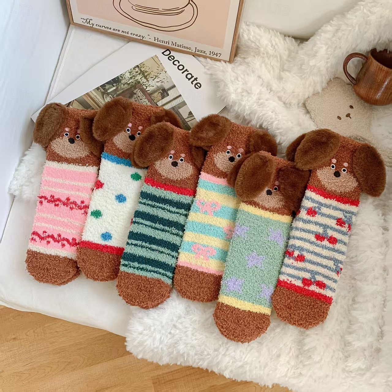 Damskie, przytulne, puszyste skarpetki świąteczne, urocze, ciepłe kapcie z motywem psa, idealne na świąteczny relaks &prezenty 2026 - $11.99 –P1