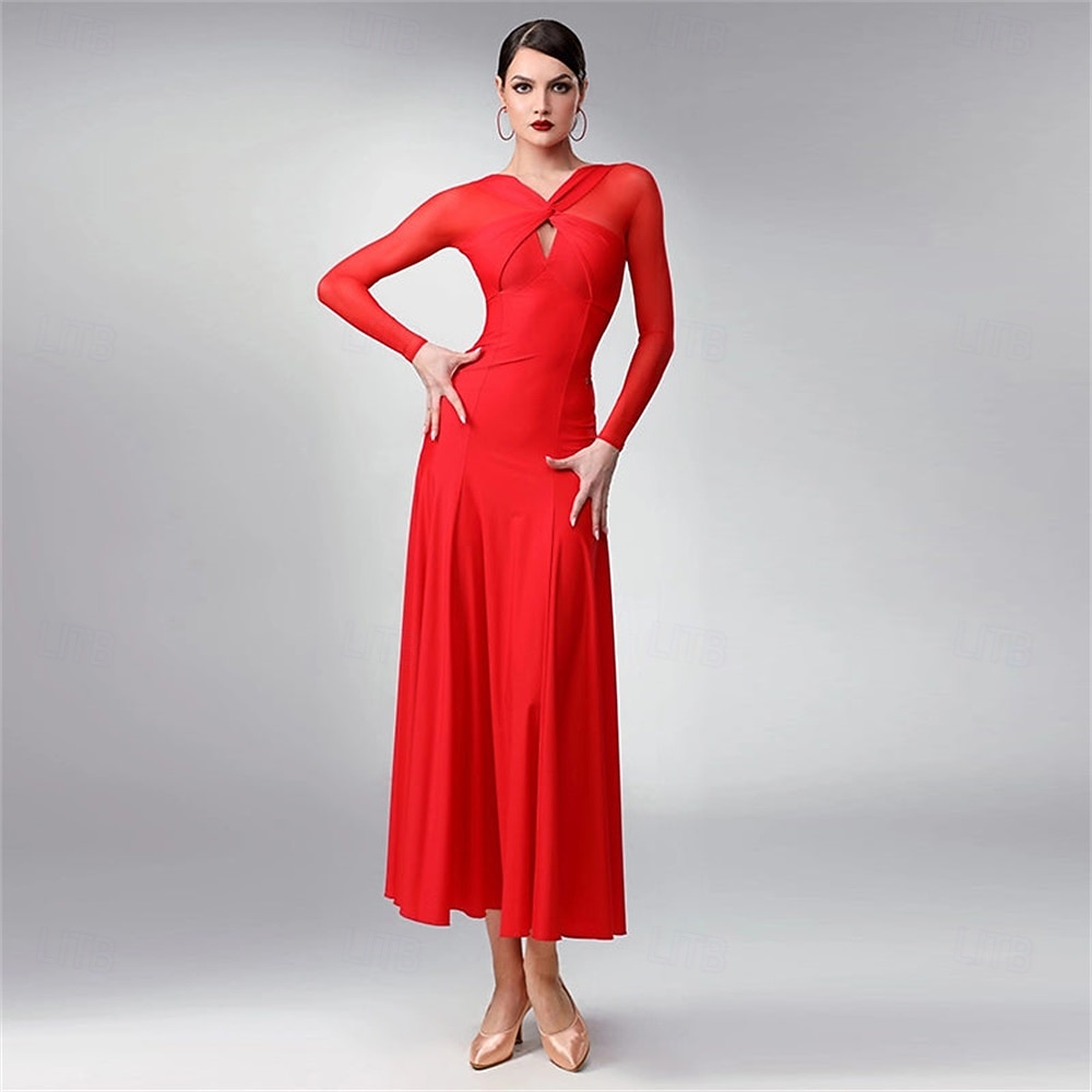 abito da ballo da sala da donna blu navy elegante a maniche lunghe in rete con scollo incrociato, abito da competizione per valzer, foxtrot e tango del 2026 a $337.89 –P5