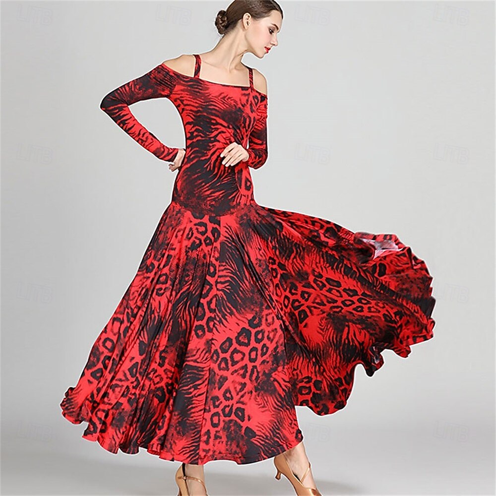 Animal Print Off-Shoulder Ballroom Dance Dress for Women - Long Sleeve A-Line Gown for Competitions, Latin, and Dance Events 2026 - $131.99 –P4