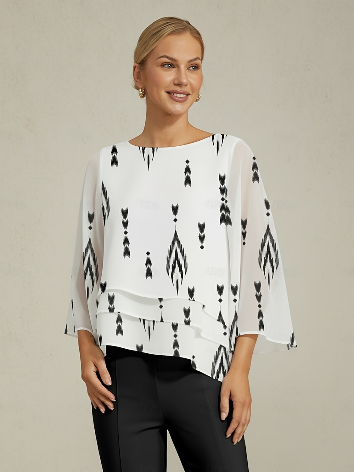 damblus vit blommig 3/4-ärm lös rund hals casual elegant semester vår sommar höst 2025 - $61.99 –P3