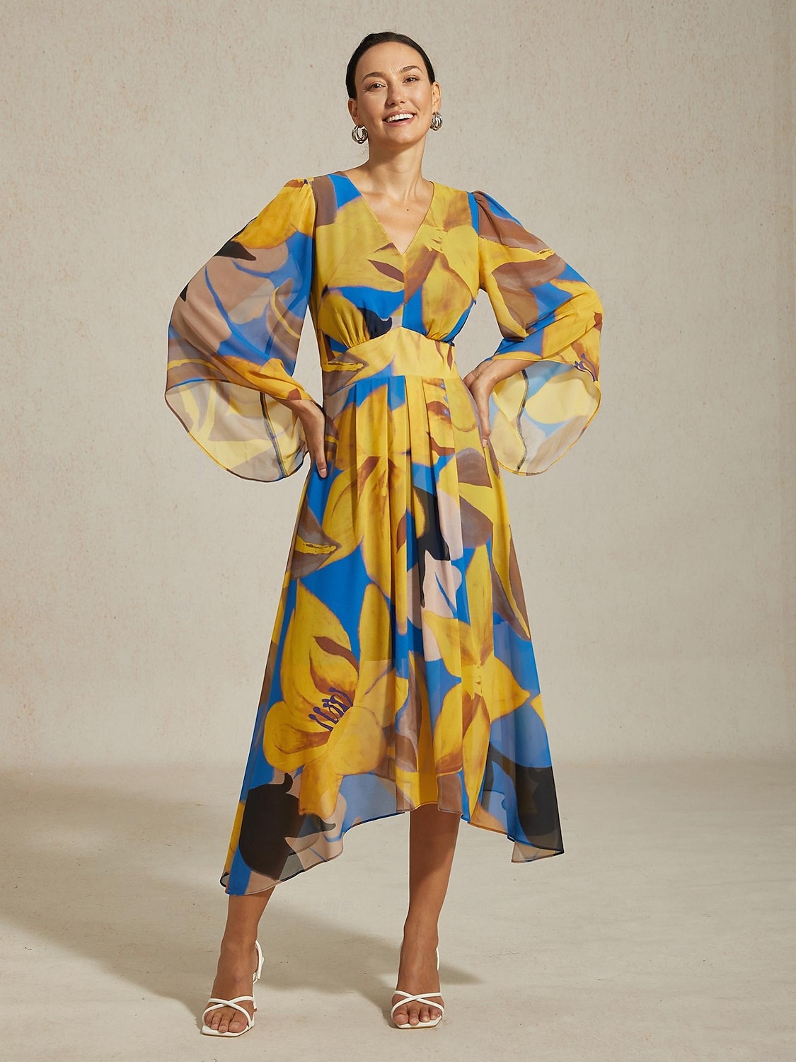 שמלת מקסי לנשים שיפון הדפס פרחוני מופשט שקוף זורם קז'ואל יעד חתונה אורחת חופשה טיולים נופש אביב קיץ סתיו 2025 - $141.99 –P1