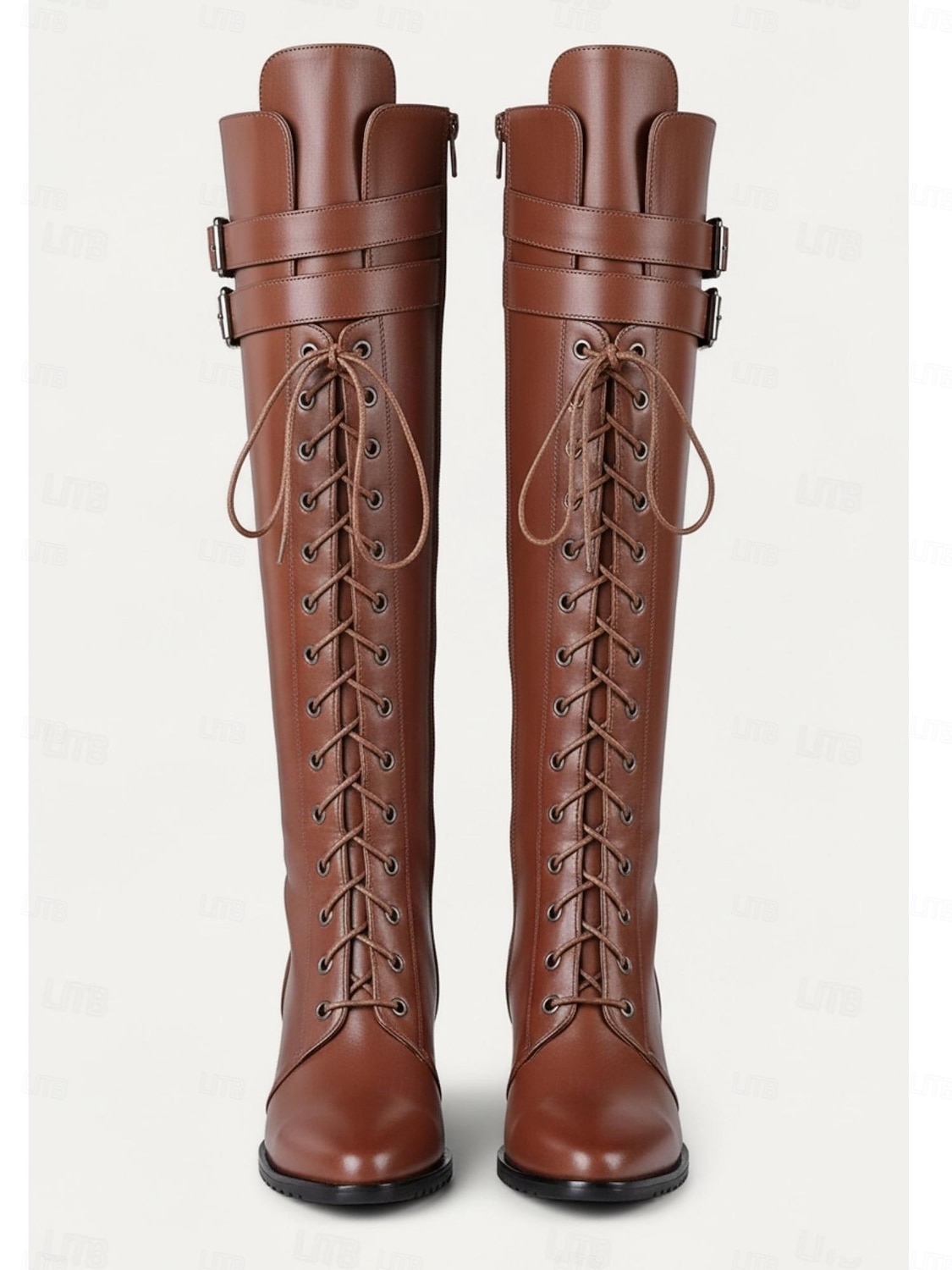 2026年 女性用本革ニーハイブーツ、高級牛革素材、レースアップとバックルのディテール、ブロックヒール、女性用都会的なカジュアルファッションフットウェア  コレクション – $139.99 –P2