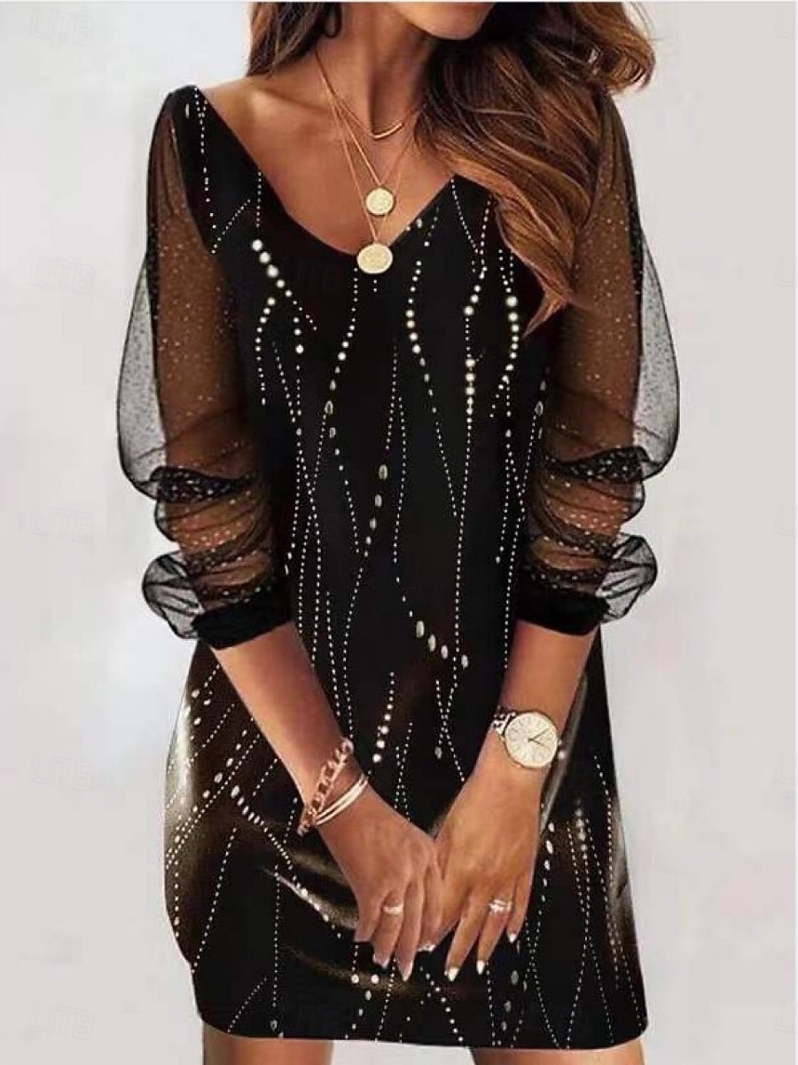 Dames Mini-jurk Hemdjurk Casual Dagelijks Feestdagen Normale pasvorm Ombre Bloemig Vlinder Lange mouw V-hals Zwart Wit Paars Goud Lente Herfst 2026 - $21.99 –P4